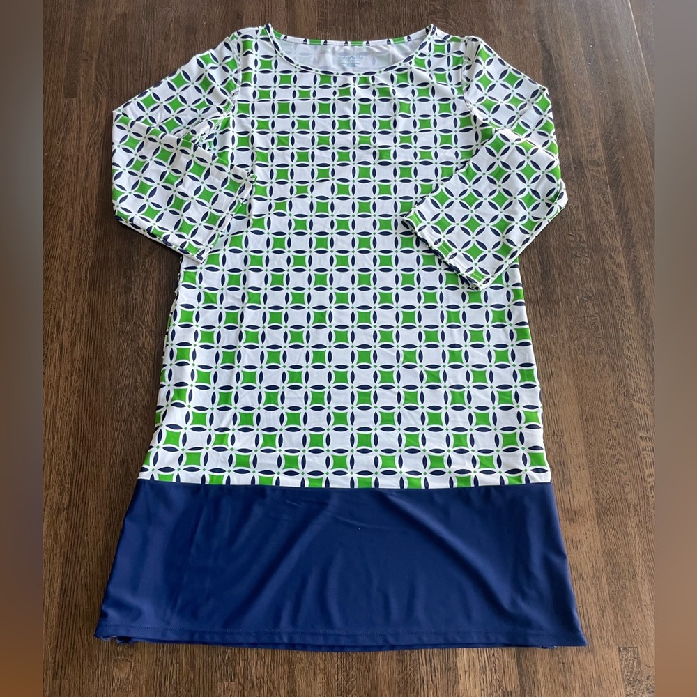 Cabana Life White Navy and Lime Green Geometric Shift Dress